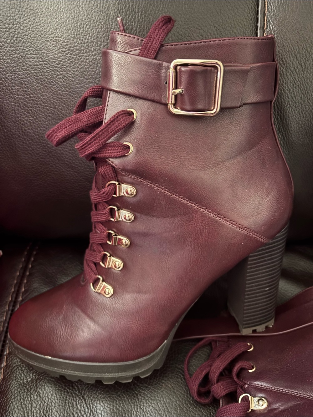 Shoe Dazzle Burgundy Lace-Up Block Heel Ankle Boots with Buckle